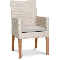 BEST Gartenstuhl Alicante, Polyrattan/Teakholz, Korbsessel, Niedriglehner, Alabaster/beige, Mit Kissen