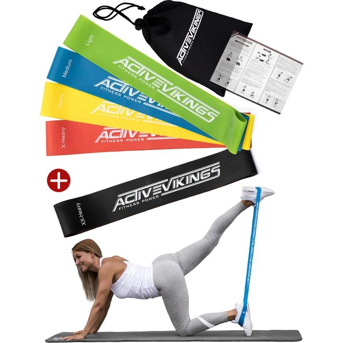 ActiveVikings Fitnessband Set 30 Cm, 4 + 1, Leicht, Medium, Stark, Extra Stark, Loop, 5 Stück 1 ActiveVikings Fitnessband Set 30 Cm, 4 + 1, Leicht, Medium, Stark, Extra Stark, Loop, 5 Stück