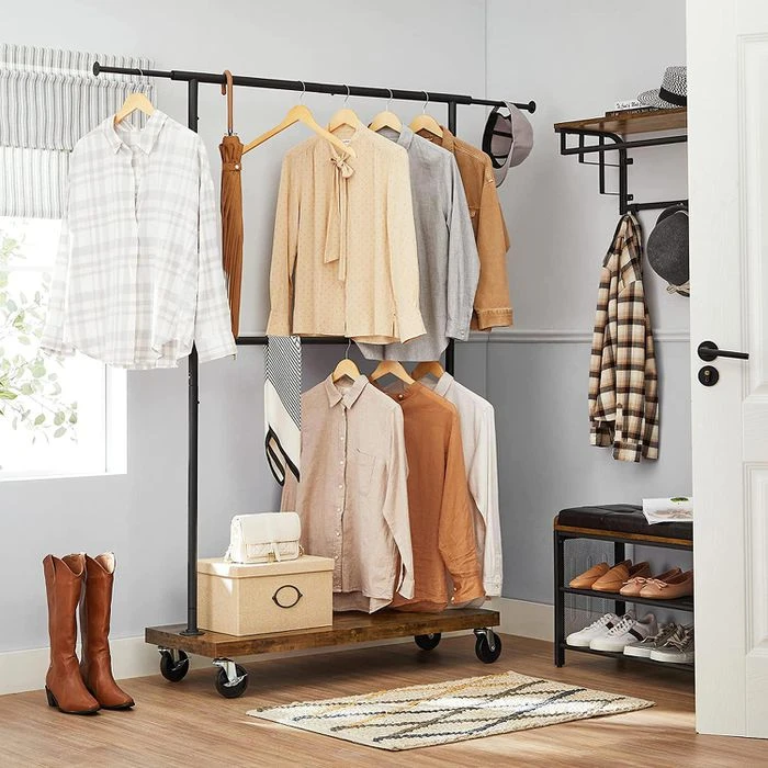 Vasagle Garderobenständer RGR111B01, Vintage, Rollen & Ablage, Ausziehbar, Metall / Holz, Braun 3 Vasagle Garderobenständer RGR111B01, Vintage, Rollen & Ablage, Ausziehbar, Metall / Holz, Braun – Bild 3