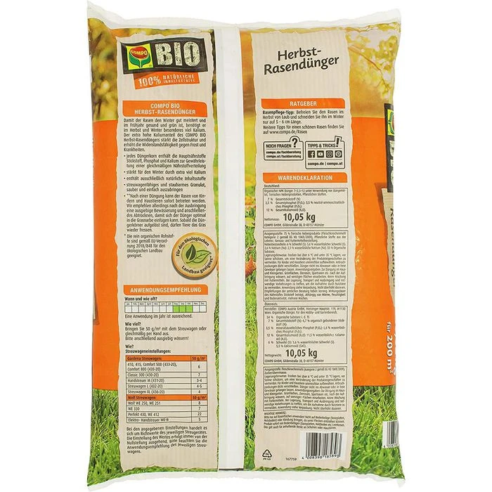 Compo Dünger Bio Herbst-Rasendünger, Langzeitwirkung Bis 90 Tage, 10,05 Kg Für Ca.200m² 2 Compo Dünger Bio Herbst-Rasendünger, Langzeitwirkung Bis 90 Tage, 10,05 Kg Für Ca.200m² – Bild 2