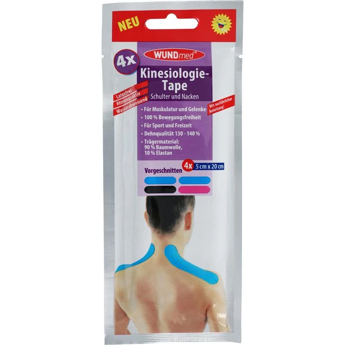 WUNDmed Kinesio-Tape Schulter Und Nacken, 4 Stück, 20 X 5 Cm, Wasserfest, Elastisch, Farbig Sortiert 1 WUNDmed Kinesio-Tape Schulter Und Nacken, 4 Stück, 20 X 5 Cm, Wasserfest, Elastisch, Farbig Sortiert