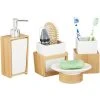 Relaxdays Badaccessoires-Set 10022205, 4-teilig, Aus Keramik Und Bambus, Braun / Weiß