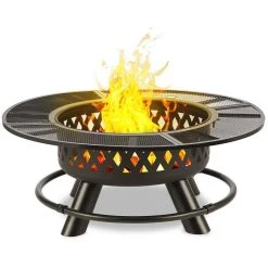 Blumfeldt Feuerschale Rosario, Ø 120cm, Edelstahl, Feuerhaken, Funkenschutz & Grillrost