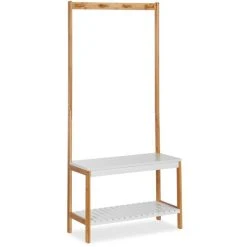 Relaxdays Garderobenständer 10024984, Mit 2 Ablagen & 4 Haken, Bambus, Natur / Weiß