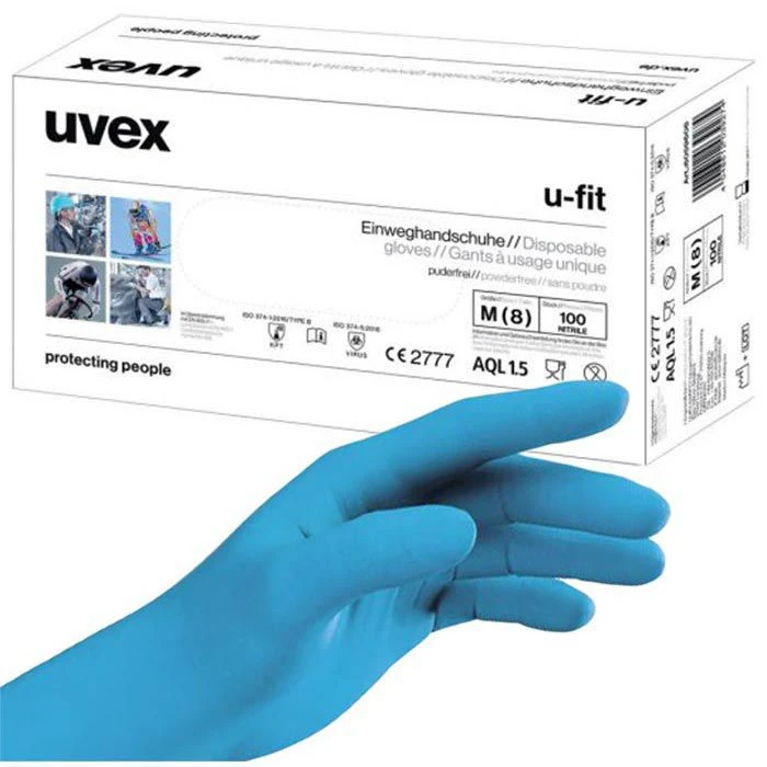 Uvex Einmalhandschuhe U-fit Nitril, Puderfrei, Chemikalienschutzhandschuh, Blau, 100 Stück, Gr. L 1 Uvex Einmalhandschuhe U-fit Nitril, Puderfrei, Chemikalienschutzhandschuh, Blau, 100 Stück, Gr. L